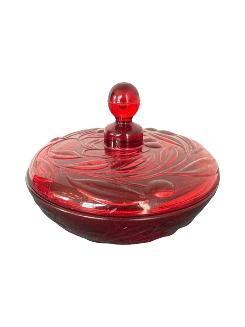 Vintage Ruby Red Pressed Glass Covered Candy Dish Leaf Pattern w/ Lid